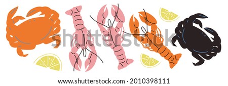Abstract appetizing Seafood collection. Hand-drawn modern illustrations Crabs, fish and lobster vector.