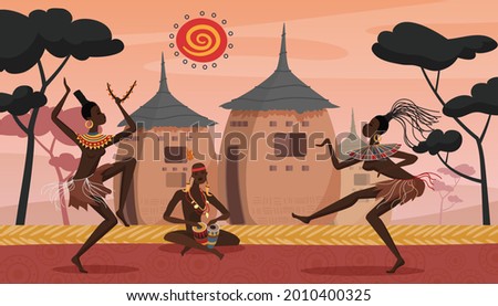 African people dance on ethnic ritual ceremony, tribal culture vector illustration. Cartoon aborigines dancers playing drums with decorative native patterns, dancing in village of Africa background Royalty-Free Stock Photo #2010400325