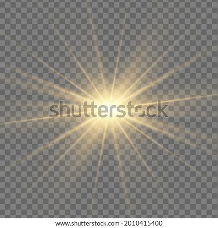 Yellow sun with rays and glow on transparent like background. Contains clipping mask. glow light. Vector illustration eps 10.
