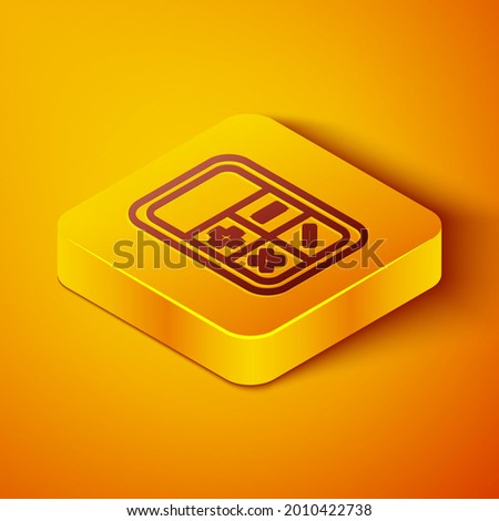 Isometric line Calculator icon isolated on orange background. Accounting symbol. Business calculations mathematics education and finance. Yellow square button. Vector Illustration