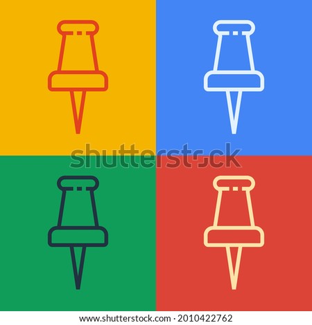 Pop art line Push pin icon isolated on color background. Thumbtacks sign.  Vector Illustration