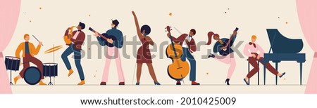 International jazz day, retro music festival party panorama concert vector illustration. Live music band playing musical instrument, woman singer and musicians with saxophone piano drum background Royalty-Free Stock Photo #2010425009
