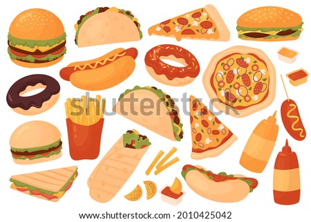 Fast food restaurant menu set vector illustration. Cartoon yummy fastfood meal sticker collection with delicious hot dog sandwich hamburger taco pizza donut french fries cheeseburger isolated on white