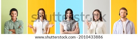Technical support agents on color background Royalty-Free Stock Photo #2010433886