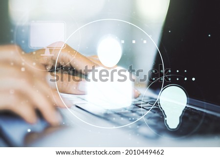 Social network concept with hands typing on laptop on background. Multiexposure