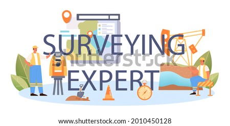 Surveying expert typographic header. Land surveying technology, geodesy science. Construction business, mapmaking and real estate project. Topographic equipment. Flat vector illustration