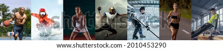 Sport collage. Tennis, basketball, jogger, football, hockey players practicing isolated on color background. Summer and winter sports. Vertical flyer