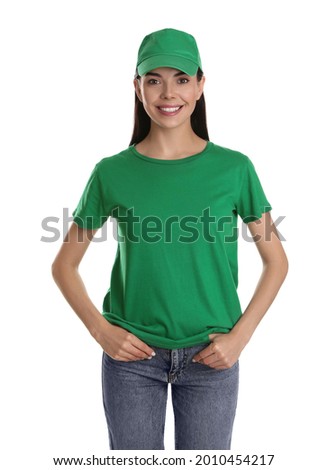 Young happy woman in green cap and tshirt on white background. Mockup for design