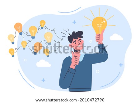Gather ideas concept. Man came up with several ideas and chose the best one. Metaphor for brainstorming and creative thinking. Cartoon modern flat vector illustration isolated on a white background Royalty-Free Stock Photo #2010472790