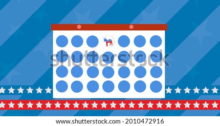 Horse icon over 4th of july date on calendar against multiple stars on striped blue background. american labor day celebration concept