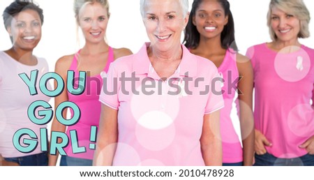 Composition of girl power text over group of women smiling. girl power, positive female strength and independence concept digitally generated image.