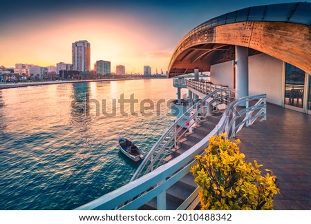Spectacular sunrise in Durres, port city on the Adriatic Sea in western Albania, Europe. Exciting Adriatic seascape. Incredible spring scene of Albania. Traveling concept background. Royalty-Free Stock Photo #2010488342