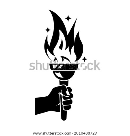Black torch icon. Silhouette hand with flaming torch. Sports concept victory. Winner holding golden torch in hand. Vector illustration flat design. Isolated on white background. Symbol of big games.