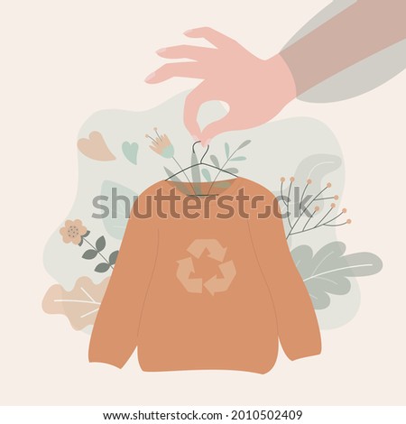 Hand holds hanger with recycled sweater. Sweatshirt made of ethnic material. Eco textile and vegan clothing. Green technologies in fashion industry. Eco-friendly fashion. Flat vector illustration