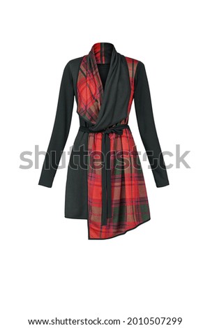 Black with red checkered Scottish plaid female bathrobe Isolated on white background. Ghost mannequin photography