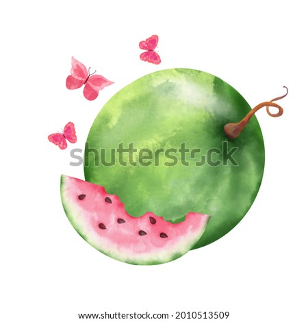 Watermelon and butterflies. Painted in watercolor. Happy watermelon day! For background, sticker, packaging, postcards, invitations.