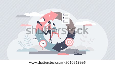 PDCA as plan, do, check and act steps for quality control tiny person concept. Method for continuous improvement of processes and products vector illustration. Project performance growth strategy. Royalty-Free Stock Photo #2010519665