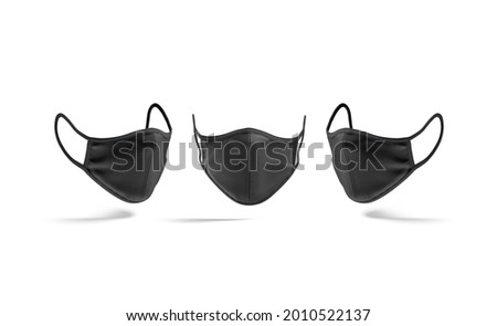 Blank black fabric face mask mockup, front and side view, 3d rendering. Empty textile respiration for covid-19 protective mock up, isolated. Clear influenza or cough cotton disguise template.