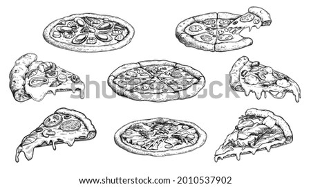 Hand drawn sketch style pizza set. Different types of pizza. Whole and pieces with melted cheese. Best for menu design and packaging. Vector illustrations. Royalty-Free Stock Photo #2010537902