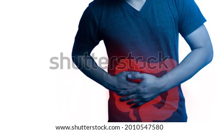 Closeup  man's body against white background, People With Stomach ache of large intestine in body ,Medical problem concept,