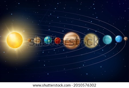 Solar system with planets, education realistic planetary poster, exploration of galaxy