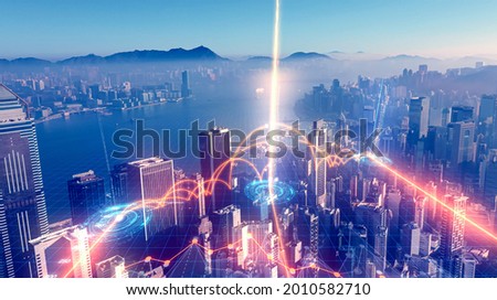 Advanced communication and global internet network connection in smart city . Concept of future 5G wireless digital connecting and social media networking . Royalty-Free Stock Photo #2010582710