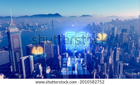 Advanced communication and global internet network connection in smart city . Concept of future 5G wireless digital connecting and social media networking . Royalty-Free Stock Photo #2010582752