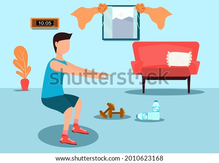 Concept exercise, relax, quarantine, Covid-19. man doing exercises, squats, indoors to make the body strong. Vector flat style. Illustration for content lifestyle, squats, happy, stay home, healthy 