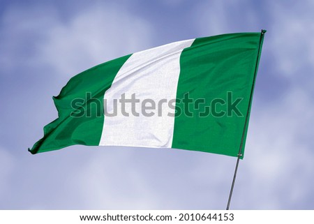 Nigeria flag isolated on sky background. National symbol of Nigeria. Close up waving flag with clipping path.
