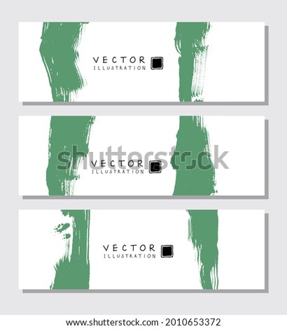 Green ink brush stroke on white backgrounds set. Japanese brush style banner. Vector illustration of grunge stains