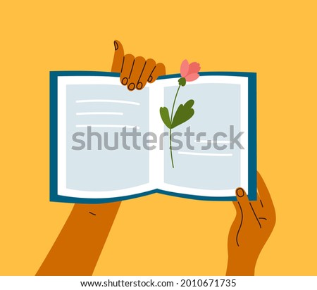 Reading book vector illustration. Summer time relaxing, spending leisure. Human hands holding open book with flower bookmark. Enjoying pages of poetry. Read books lover. Literacy day, literary club