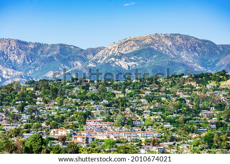 Scenic view of an upscale residential neighborhood on slopes of Santa Ynez Mountains range in Santa Barbara, California