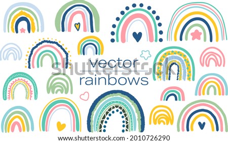 Collection of doodled rainbows. Bundle of different, cute vector illustrations with dots, hearts and stars.