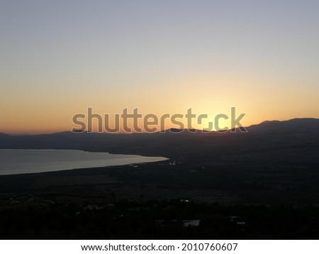 Panoramic view of the sea of Galilee the Kinneret lake, Golan Heights,  Israel, sunset