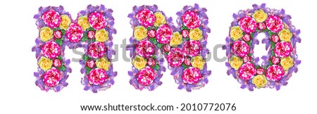 The letters M, N, O are made from a bouquet of roses of different varieties