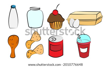 A set of eight icons of items of delicious food and snacks for a cafe bar restaurant on a white background: milk, can, cupcake, eggs, chicken, chips, soda, lemonade.