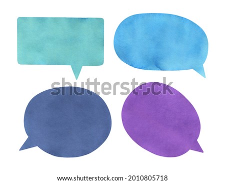Illustration collection of four watercolour speech balloons of various color and shapes. Hand painted water color graphic drawing on white background, isolated clip art elements for design decoration.