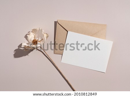 Summer wedding stationery mockup. Solid color greeting cards and invitations on beige background. White flowers. Natural light and shadow overlay. Flat lay, top view.