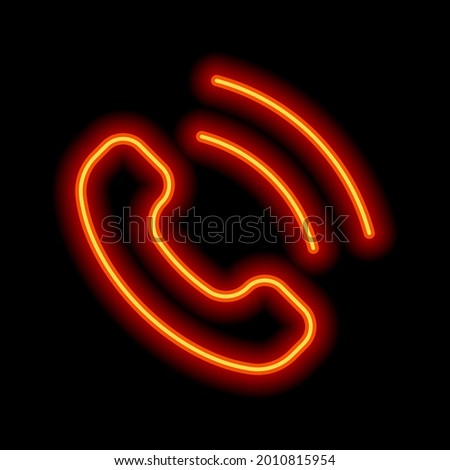 Call icon, logo of main mobile app. Orange neon style on black background. Light linear icon with editable stroke