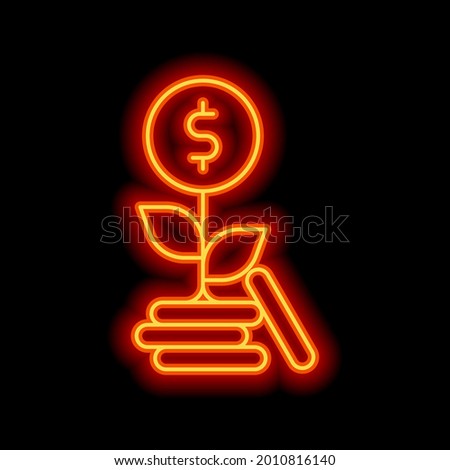 Financial growth, growing money tree, increase income. Orange neon style on black background. Light linear icon with editable stroke