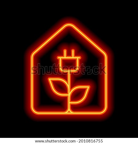 Ecology house, green and eco energy for home. Orange neon style on black background. Light linear icon with editable stroke