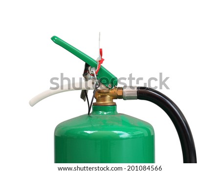 Part of green fire extinguisher and dusty isolated on white background