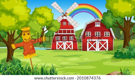 Farm landscape scene with barn and windmill illustration