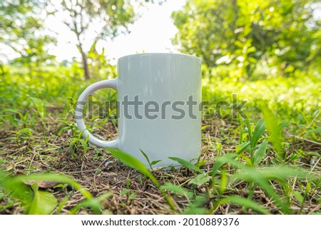 mug mockup with green grass in the garden in summer
