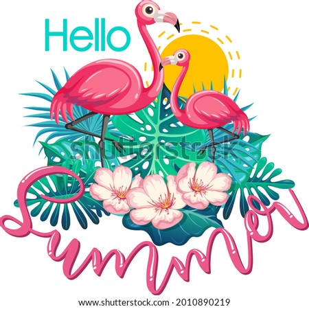 Hello Summer banner with flamingo isolated illustration