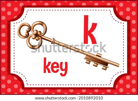 Alphabet flashcard with letter K for Key illustration