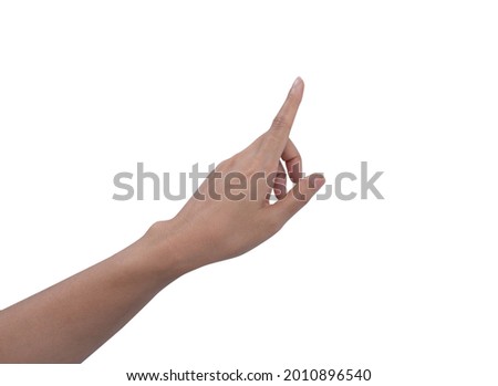 Asian woman hand touching or pointing to something isolated on white background