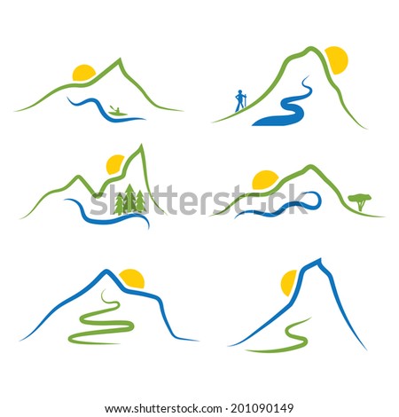 set of mountains,trees and sun
