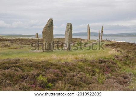 Scenic view of the stone pillars at the neolithic Ring of Brodgar stone circle on the Orkney Islands, Scotland