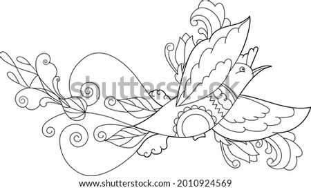Tropical fancy bird. Black and white picture. Contour linear illustration for coloring book with paradise bird. Line art design for adult or kids  in zentangle style and coloring page.